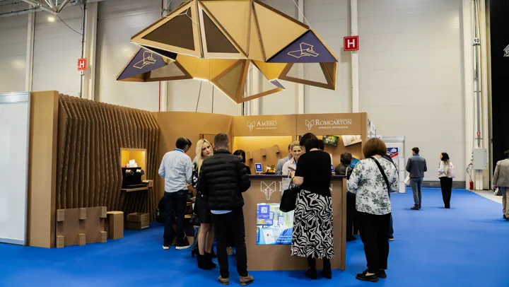 Stand cu instalație din carton, pe culoarul pavilionului